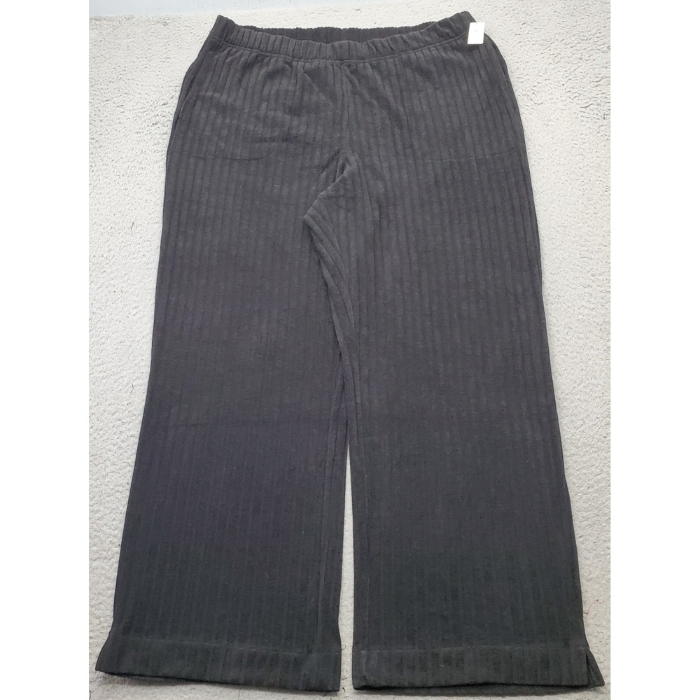 Gap Body Lounge Pants Womens XL Black Ribbed Elastic Waist Ankle Slit Wide Leg
